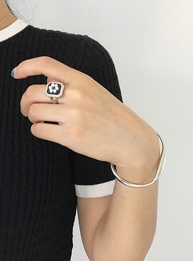 一恋方形复古滴釉珍珠花朵戒指女时尚个性重工开口指环食