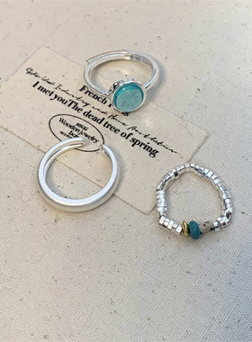 一恋甜美蓝色椭圆锆石戒指女碎银弹力彩石磨砂素圈指环叠戴百搭食