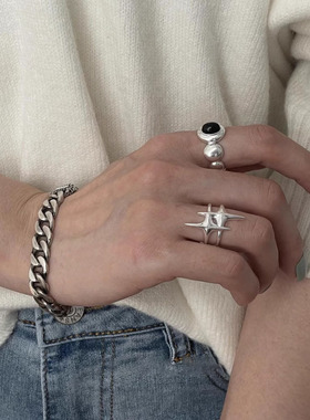 一恋甜酷星芒戒指女复古时尚几何椭圆黑色椭圆开口指环小众百搭食