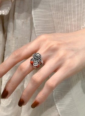 一恋醒狮红色小圆珠吊坠戒指女复古时尚民族风新中式开口指环食指