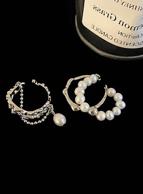 甜美珍珠戒指女轻奢高级感复古时尚流苏链条叠戴开口指环可调节