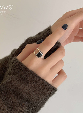 一恋韩版黑色方形滴釉戒指女复古时尚交叉开口几何指环食指戒潮