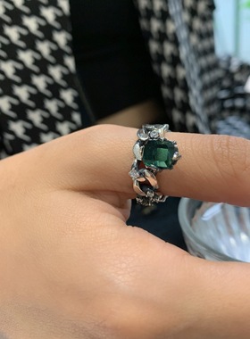 一恋欧美风时尚复古绿色开口戒指女925镀银ins日韩高级感小众食指
