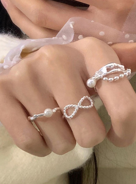 一恋甜酷仿珍珠戒指女百搭时尚叠戴个性开口指环麻花交叉网红风食