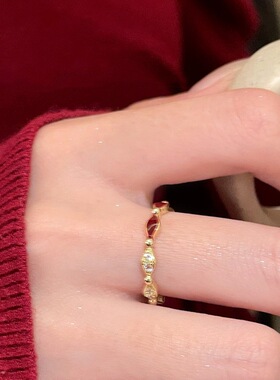 精致红色水滴细圈戒指女ins风小众设计感个性开口指环森系食指戒