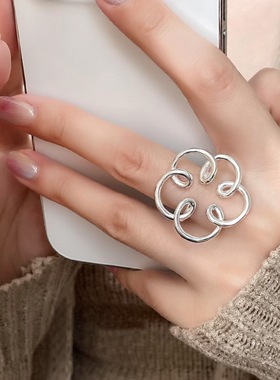 一恋甜酷花朵戒指女夸张气质几何线条缠绕开口指环ins食指戒