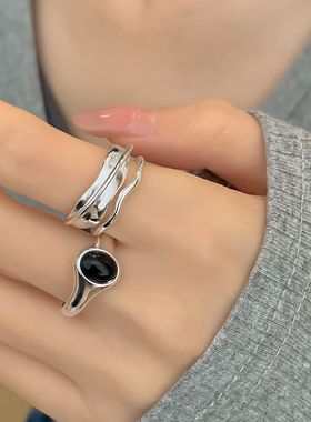 一恋椭圆黑色锆石戒指女线条交叉