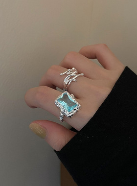 一恋日韩蓝色方形戒指女复古时尚个性线条交叉开口指环食