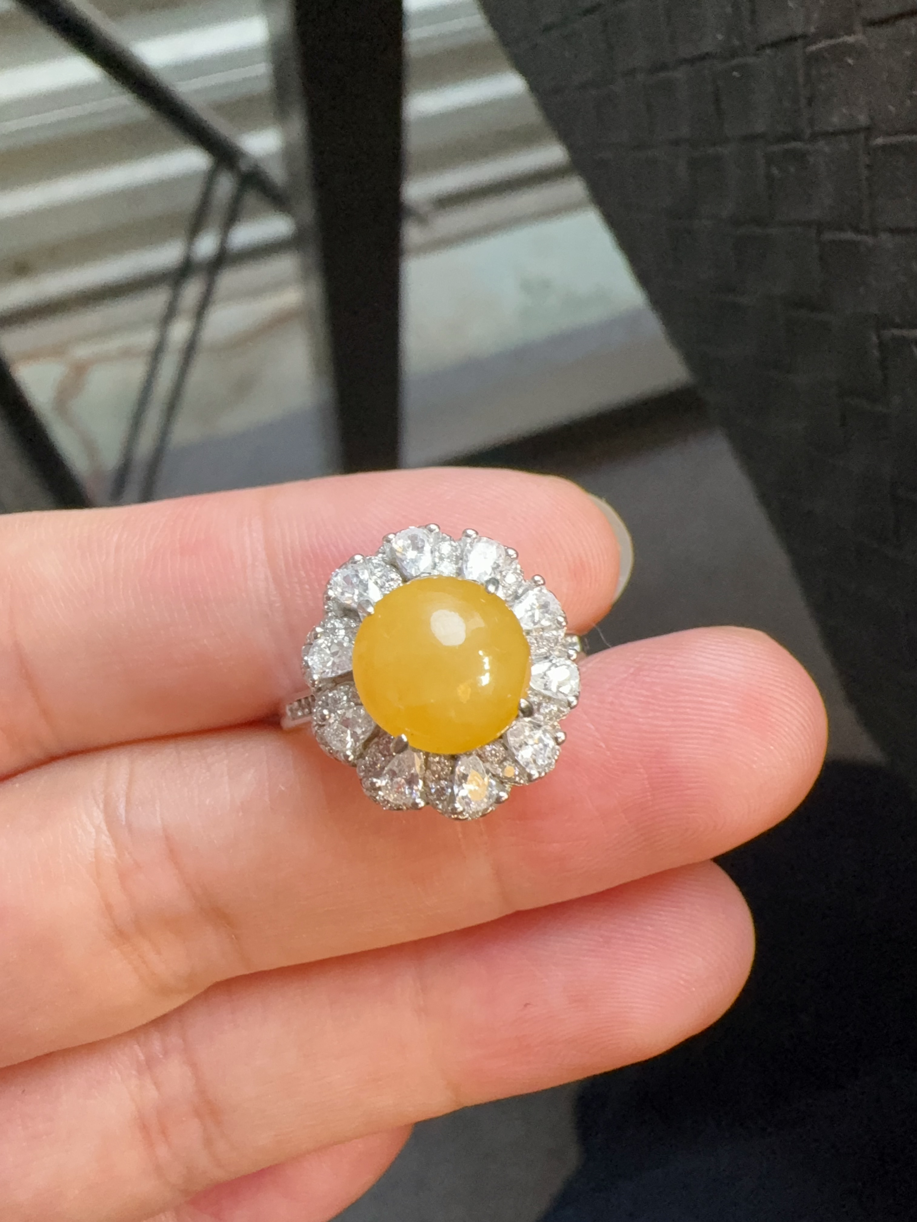 Natural A grade jade yellow jade cabochon ring natural unfired sterling silver design