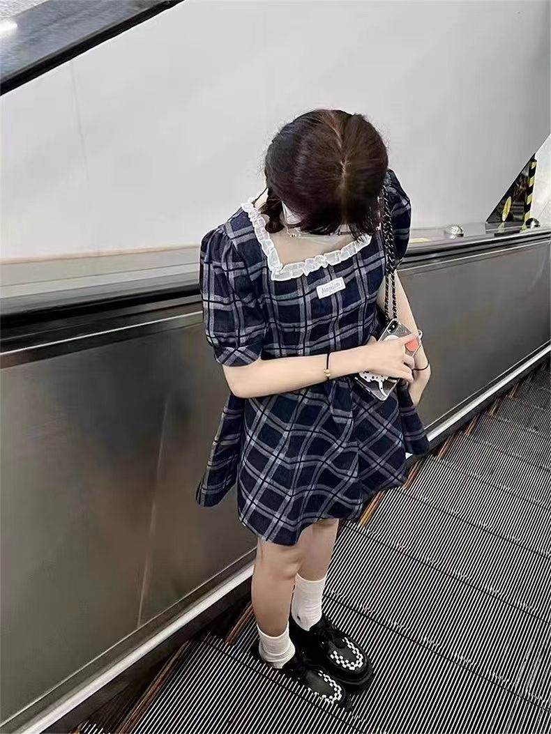 芊艺法式格子泡泡袖牛仔连衣裙子女2024新款夏季小个子收腰辣妹