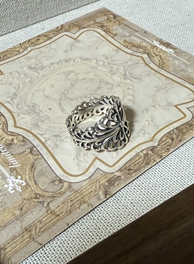 s925纯银缱卷镂空花朵十字架复古嘻哈开口可调节轻奢小众个性戒指