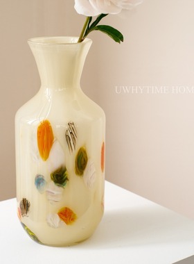 高级感水彩手工玻璃花瓶中古奶油色玄关琉璃法式插花器装饰品摆件