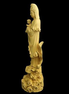小叶黄杨木雕刻观音送子菩萨佛像家居客厅摆设大势至菩萨供奉摆件