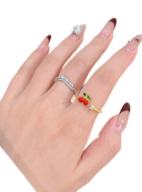 清新甜美彩色滴油樱桃戒指女个性嘻哈开口指环