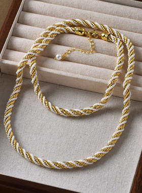 简约长款麻花珍珠缠绕项链女