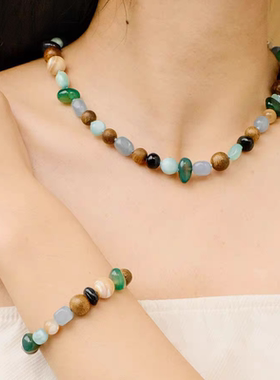 露珠沉香彩色串珠项链女