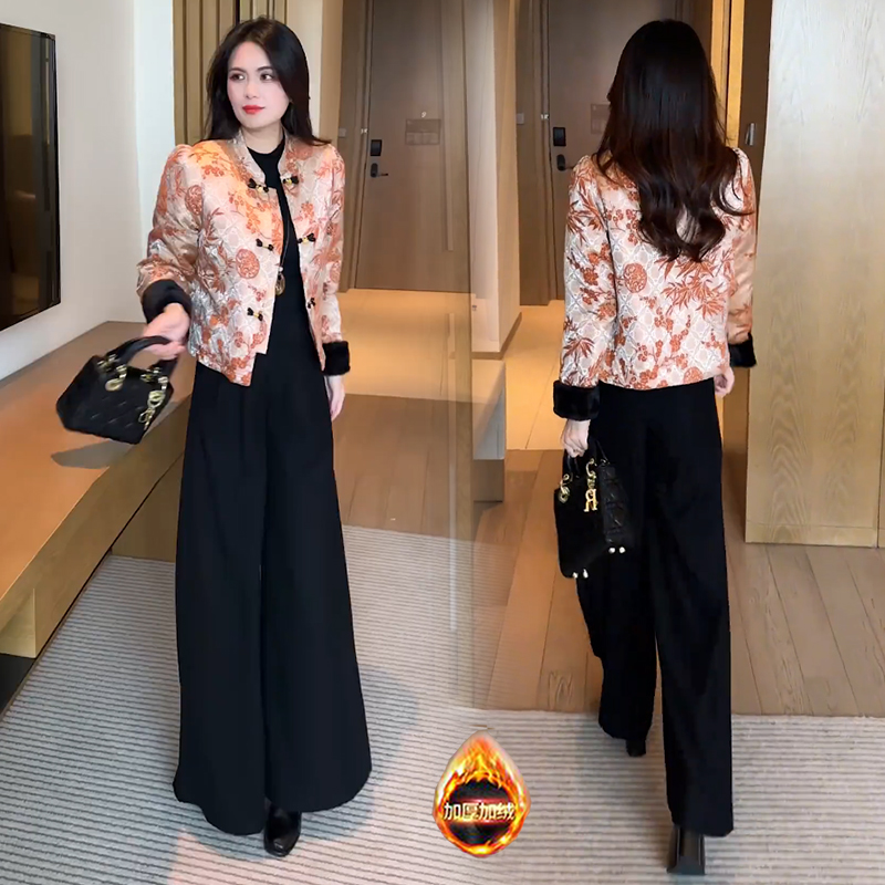 加绒加厚新中式短款外套女2025冬季新款气质保暖国风丝绒提花棉袄 - 图0