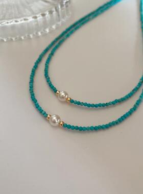 天然绿松石小米珠项链原矿绿松石珍珠颈链串珠锁骨链经典百搭