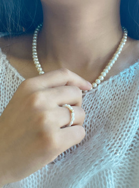 天然淡水珍珠戒指罕见强光小米珠小众设计高级感叠戴戒指指环素圈