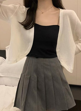 黑色冰丝针织防晒开衫女轻奢高级感吊带外搭罩衫小坎肩披肩外套薄