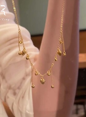S925纯银金色爱心流苏项链女