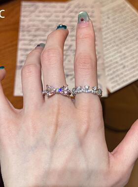 S925纯银闪钻粉色蝴蝶结戒指女