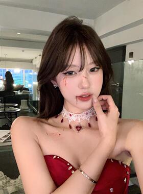 万圣节爱心十字架白色蕾丝项链女