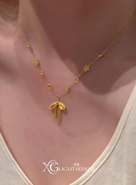 S925纯银金色蝴蝶结星星项链女
