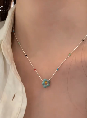 多巴胺蓝色滴釉花朵跑环项链女