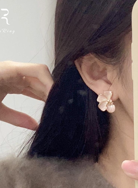 S925纯银渐变粉色花朵耳钉女
