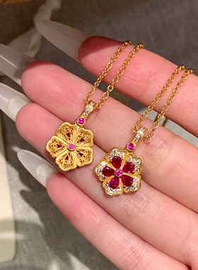 金色双面戴仿红宝石花朵项链女