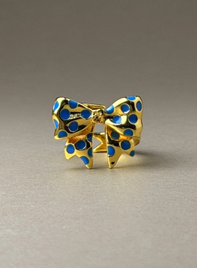 蓝色波点立体蝴蝶结戒指女