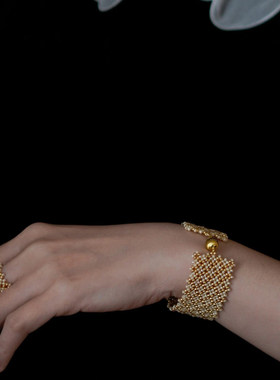 S925纯银金色米珠蕾丝宽版手链女