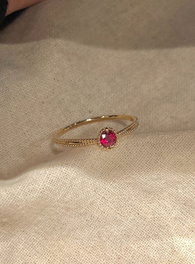 S925纯银mini红宝石金色极细戒指