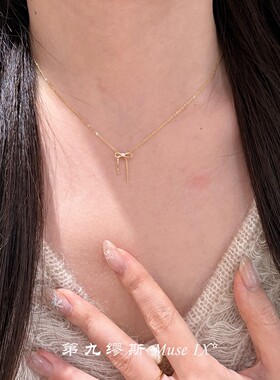 日系金色闪钻蝴蝶结流苏项链女