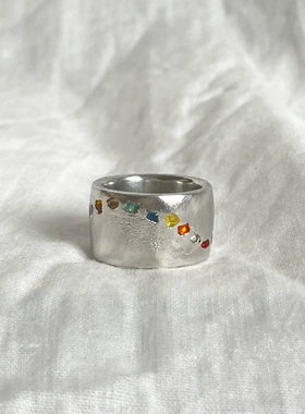 S925纯银彩钻宽口戒指女