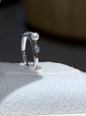 S925纯银满钻施家珍珠平衡木戒指