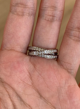 仿满钻三环交叉素圈银色戒指女