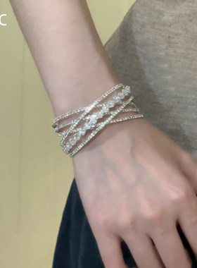 S925纯银满钻镂空交叉手镯女