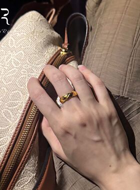 S925纯银金色菱格纹戒指女