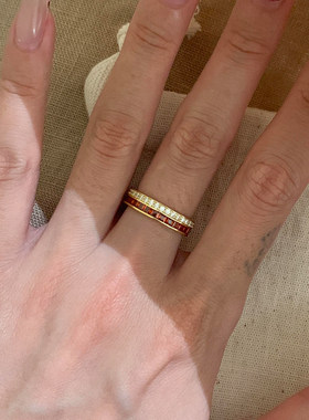 S925纯银金色双圈排钻戒指女