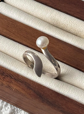 S925纯银法式仿珍珠波浪戒指女
