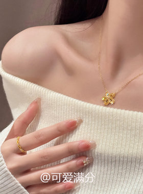 S925纯银金色镂空花朵项链女