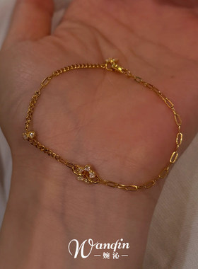 S925纯银金色镂空花朵手链女