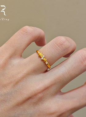 S925纯银金色闪钻星星戒指女