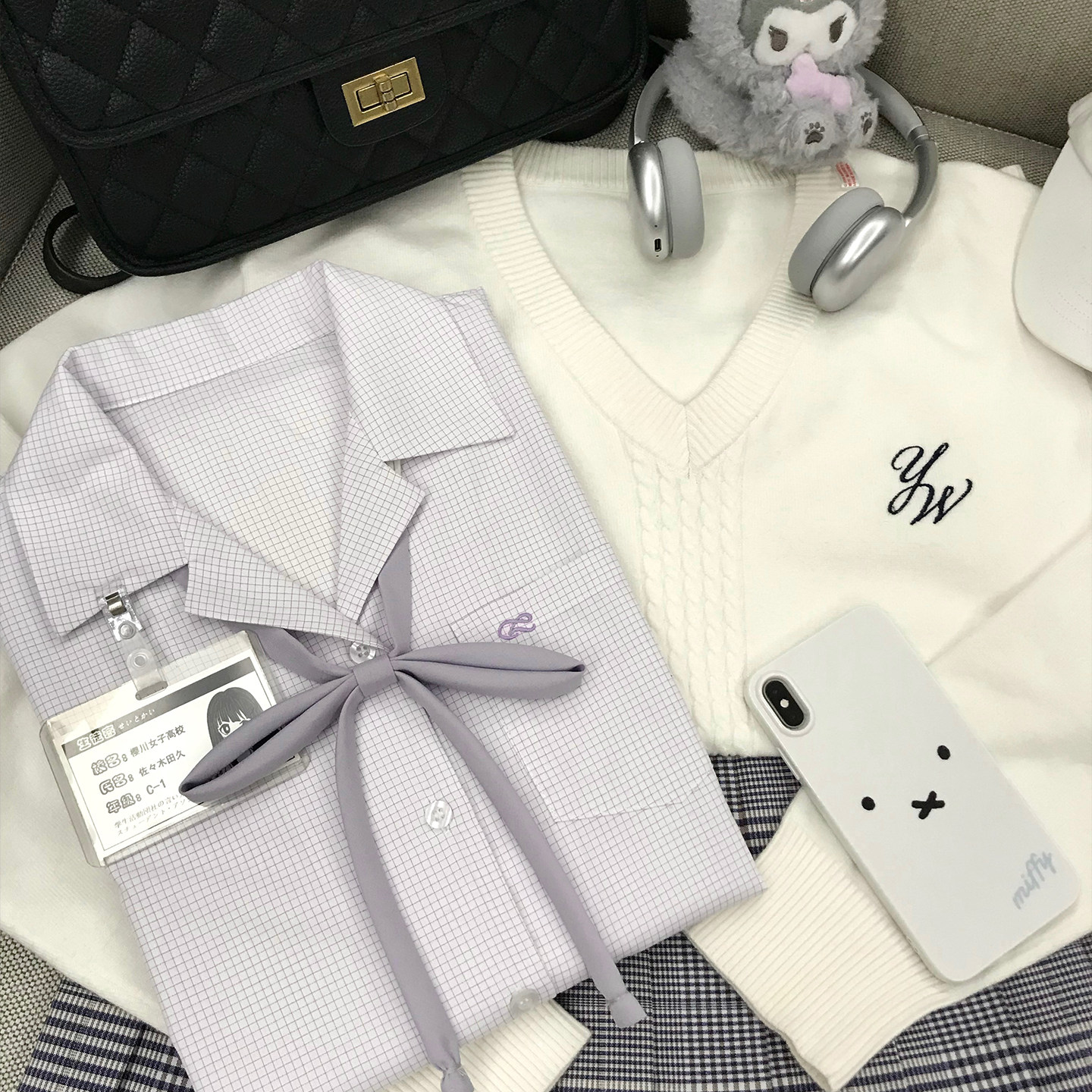 鱼丸与面原创小紫格秋季学院风jk衬衫长袖校供感竹纤维田字格开襟