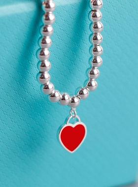 手链S925纯银蒂家珐琅蓝心爱心形佛珠手串提夫尼女手镯铃铛水滴