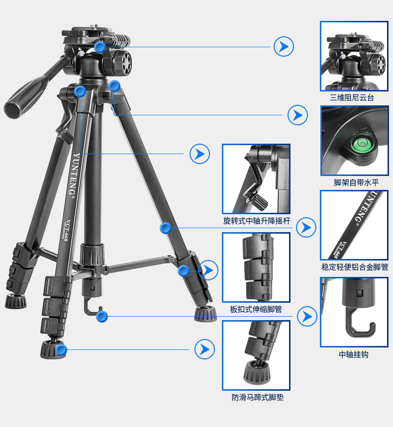 云腾668适用sony索尼微单反三脚架a6000 a6100a6300 a6400 A7m2 a7m3 富士xt20黑卡佳能90D便携相机三角支架 - 图2