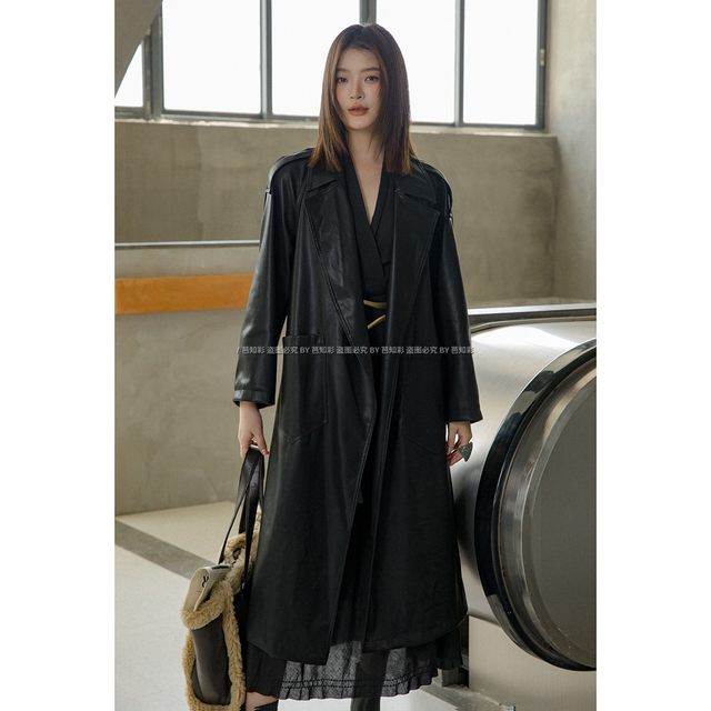 Fashionable and versatile lapel mid-length PU retro windbreaker Fashionable and versatile lapel mid-length PU retro windbreaker