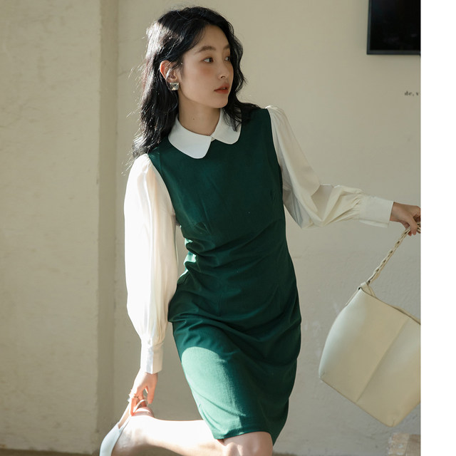 Fashionable fake two-piece lapel retro French shirt dress for women